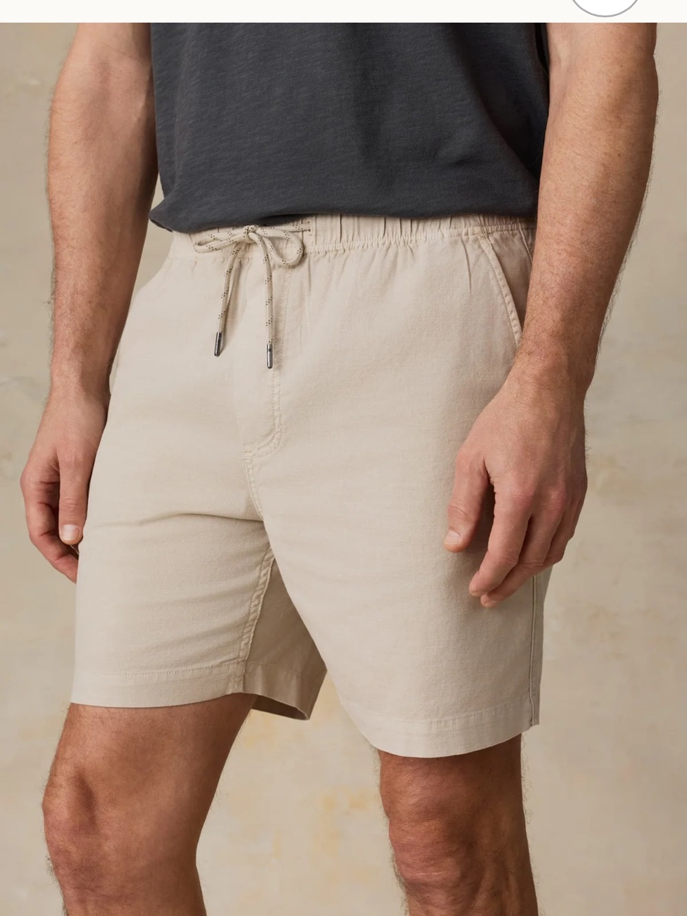 Faherty Essential Drawstring Cotton/Linen Blend Shorts Button Accent in Stone